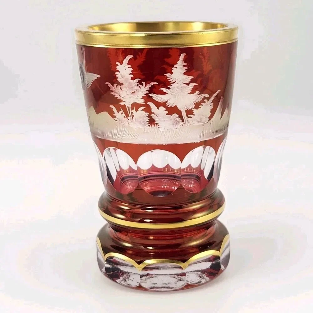 Bohemian Ruby Red Cut to Clear Goblet Glass Stag Deer Elk Hunting Cup Czech Vase